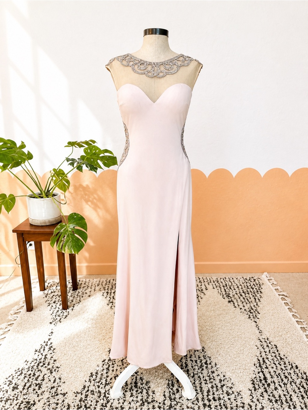 Jovani Blush Pink Beaded Illusion Prom Gown
